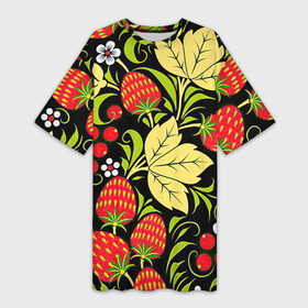 Платье-футболка 3D с принтом Хохлома в Екатеринбурге,  |  | арт | белый | вектор | желтый | зеленый | земляника | золотой | клубника | клюква | красный | народный рисунок | рисунок | хохлома | цветок | цветы | чёрный | ягода | ягоды