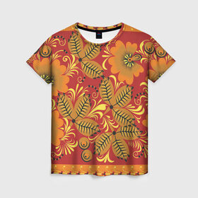 Женская футболка 3D с принтом Хохлома в Екатеринбурге, 100% полиэфир ( синтетическое хлопкоподобное полотно) | прямой крой, круглый вырез горловины, длина до линии бедер | арт | вектор | желтый | зеленый | золотой | красный | народный рисунок | оранжевый | рисунок | хохлома | цветок | цветы | чёрный