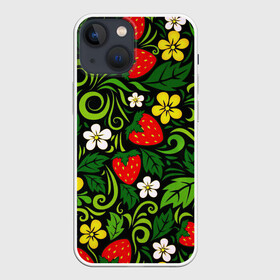 Чехол для iPhone 13 mini с принтом Хохлома в Екатеринбурге,  |  | арт | вектор | желтый | зеленый | золотой | клубника | красный | народный рисунок | рисунок | хохлома | цветок | цветы | чёрный | ягода | ягоды