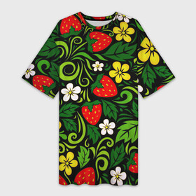Платье-футболка 3D с принтом Хохлома в Екатеринбурге,  |  | арт | вектор | желтый | зеленый | золотой | клубника | красный | народный рисунок | рисунок | хохлома | цветок | цветы | чёрный | ягода | ягоды