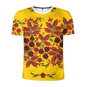 Мужская футболка 3D спортивная с принтом Хохлома в Екатеринбурге, 100% полиэстер с улучшенными характеристиками | приталенный силуэт, круглая горловина, широкие плечи, сужается к линии бедра | арт | вектор | желтый | зеленый | золотой | красный | народный рисунок | рисунок | хохлома | цветок | цветы | чёрный