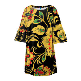 Детское платье 3D с принтом Хохлома в Екатеринбурге, 100% полиэстер | прямой силуэт, чуть расширенный к низу. Круглая горловина, на рукавах — воланы | арт | вектор | желтый | зеленый | золотой | красный | народный рисунок | рисунок | хохлома | цветок | цветы | чёрный
