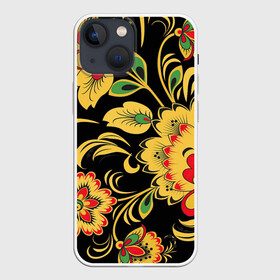 Чехол для iPhone 13 mini с принтом Хохлома в Екатеринбурге,  |  | арт | вектор | желтый | зеленый | золотой | красный | народный рисунок | рисунок | хохлома | цветок | цветы | чёрный