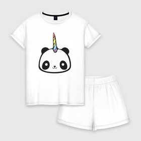 Женская пижама с шортиками хлопок с принтом Панда-единорог в Екатеринбурге, 100% хлопок | футболка прямого кроя, шорты свободные с широкой мягкой резинкой | единорог | милая пандочка | панда | панда единорог | панда единорожка | панда с рогом | пандочка | пандочка единорог | пандочка единорожка