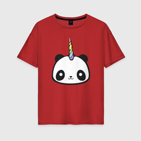 Женская футболка хлопок Oversize с принтом Панда-единорог в Екатеринбурге, 100% хлопок | свободный крой, круглый ворот, спущенный рукав, длина до линии бедер
 | единорог | милая пандочка | панда | панда единорог | панда единорожка | панда с рогом | пандочка | пандочка единорог | пандочка единорожка