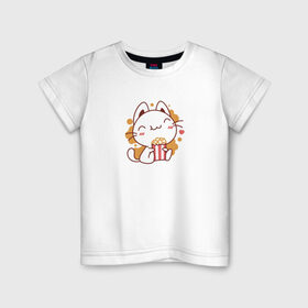 Детская футболка хлопок с принтом Поп-корн и кот в Екатеринбурге, 100% хлопок | круглый вырез горловины, полуприлегающий силуэт, длина до линии бедер | Тематика изображения на принте: popcorn | кино | кот | кошка | поп корн | попкорн