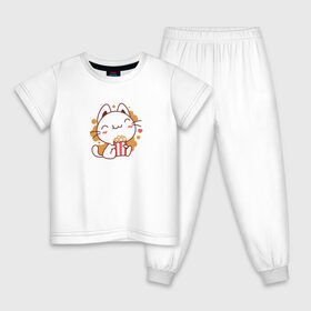Детская пижама хлопок с принтом Поп-корн и кот в Екатеринбурге, 100% хлопок |  брюки и футболка прямого кроя, без карманов, на брюках мягкая резинка на поясе и по низу штанин
 | Тематика изображения на принте: popcorn | кино | кот | кошка | поп корн | попкорн