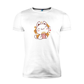 Мужская футболка хлопок Slim с принтом Поп-корн и кот в Екатеринбурге, 92% хлопок, 8% лайкра | приталенный силуэт, круглый вырез ворота, длина до линии бедра, короткий рукав | Тематика изображения на принте: popcorn | кино | кот | кошка | поп корн | попкорн