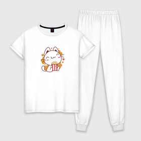 Женская пижама хлопок с принтом Поп-корн и кот в Екатеринбурге, 100% хлопок | брюки и футболка прямого кроя, без карманов, на брюках мягкая резинка на поясе и по низу штанин | popcorn | кино | кот | кошка | поп корн | попкорн