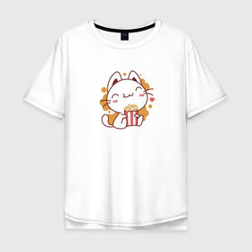 Мужская футболка хлопок Oversize с принтом Поп-корн и кот в Екатеринбурге, 100% хлопок | свободный крой, круглый ворот, “спинка” длиннее передней части | Тематика изображения на принте: popcorn | кино | кот | кошка | поп корн | попкорн