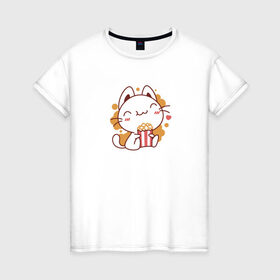 Женская футболка хлопок с принтом Поп-корн и кот в Екатеринбурге, 100% хлопок | прямой крой, круглый вырез горловины, длина до линии бедер, слегка спущенное плечо | popcorn | кино | кот | кошка | поп корн | попкорн