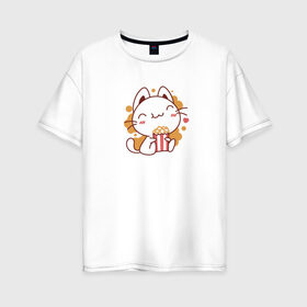 Женская футболка хлопок Oversize с принтом Поп-корн и кот в Екатеринбурге, 100% хлопок | свободный крой, круглый ворот, спущенный рукав, длина до линии бедер
 | popcorn | кино | кот | кошка | поп корн | попкорн