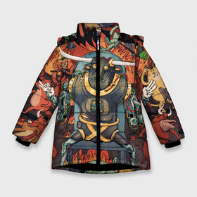 Зимняя куртка для девочек 3D с принтом Dance Gavin Dance -Afterburner в Екатеринбурге, ткань верха — 100% полиэстер; подклад — 100% полиэстер, утеплитель — 100% полиэстер. | длина ниже бедра, удлиненная спинка, воротник стойка и отстегивающийся капюшон. Есть боковые карманы с листочкой на кнопках, утяжки по низу изделия и внутренний карман на молнии. 

Предусмотрены светоотражающий принт на спинке, радужный светоотражающий элемент на пуллере молнии и на резинке для утяжки. | afterburner | alternative | animals | bull | cover | dance | gavin | metal | music | rock | альтернатива | бык | животные | метал | механизм | музыка | обложка | робот | рок | форсаж