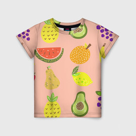 Детская футболка 3D с принтом Фруктики в Екатеринбурге, 100% гипоаллергенный полиэфир | прямой крой, круглый вырез горловины, длина до линии бедер, чуть спущенное плечо, ткань немного тянется | авокадо | ананас | апельсин | арбуз | виноград | груша | лимон | фрукт