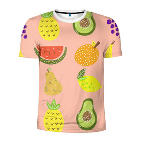 Мужская футболка 3D спортивная с принтом Фруктики в Екатеринбурге, 100% полиэстер с улучшенными характеристиками | приталенный силуэт, круглая горловина, широкие плечи, сужается к линии бедра | авокадо | ананас | апельсин | арбуз | виноград | груша | лимон | фрукт