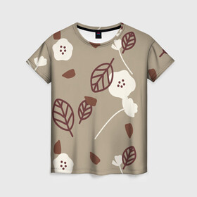 Женская футболка 3D с принтом Цветочный принт в Екатеринбурге, 100% полиэфир ( синтетическое хлопкоподобное полотно) | прямой крой, круглый вырез горловины, длина до линии бедер | бежевый | белый | коричневый | лист | природа | тепло | уют | цветы