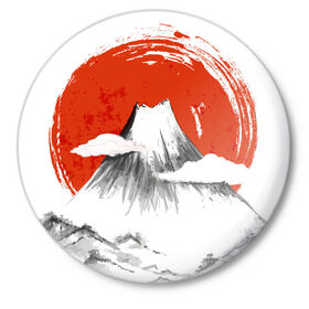 Значок с принтом Гора Фудзи в Екатеринбурге,  металл | круглая форма, металлическая застежка в виде булавки | азия | аниме | гора | гора фудзи | кимоно | китай | манга | сакура | суши | фудзияма | цунами | япония