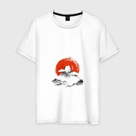 Мужская футболка хлопок с принтом Гора Фудзи в Екатеринбурге, 100% хлопок | прямой крой, круглый вырез горловины, длина до линии бедер, слегка спущенное плечо. | азия | аниме | гора | гора фудзи | кимоно | китай | манга | сакура | суши | фудзияма | цунами | япония