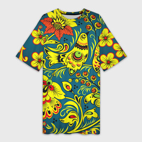 Платье-футболка 3D с принтом Хохлома в Екатеринбурге,  |  | арт | вектор | желтый | зеленый | золотой | красный | народный рисунок | рисунок | синий | хохлома | цветок | цветы | чёрный | ягода | ягоды