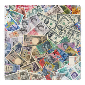 Магнитный плакат 3Х3 с принтом Деньги в Екатеринбурге, Полимерный материал с магнитным слоем | 9 деталей размером 9*9 см | арт | банкноты | валюта | деньги | доллары | зеленый | иена | красный | серый | синий | фунт стерлингов | юани