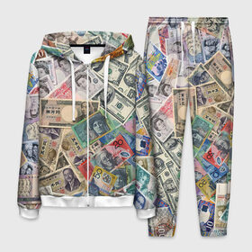 Мужской костюм 3D с принтом Деньги в Екатеринбурге, 100% полиэстер | Манжеты и пояс оформлены тканевой резинкой, двухслойный капюшон со шнурком для регулировки, карманы спереди | Тематика изображения на принте: арт | банкноты | валюта | деньги | доллары | зеленый | иена | красный | серый | синий | фунт стерлингов | юани