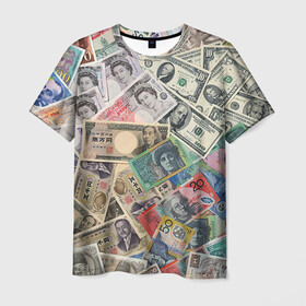 Мужская футболка 3D с принтом Деньги в Екатеринбурге, 100% полиэфир | прямой крой, круглый вырез горловины, длина до линии бедер | арт | банкноты | валюта | деньги | доллары | зеленый | иена | красный | серый | синий | фунт стерлингов | юани