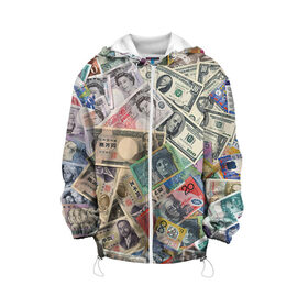 Детская куртка 3D с принтом Деньги в Екатеринбурге, 100% полиэстер | застежка — молния, подол и капюшон оформлены резинкой с фиксаторами, по бокам — два кармана без застежек, один потайной карман на груди, плотность верхнего слоя — 90 г/м2; плотность флисового подклада — 260 г/м2 | арт | банкноты | валюта | деньги | доллары | зеленый | иена | красный | серый | синий | фунт стерлингов | юани