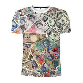 Мужская футболка 3D спортивная с принтом Деньги в Екатеринбурге, 100% полиэстер с улучшенными характеристиками | приталенный силуэт, круглая горловина, широкие плечи, сужается к линии бедра | арт | банкноты | валюта | деньги | доллары | зеленый | иена | красный | серый | синий | фунт стерлингов | юани