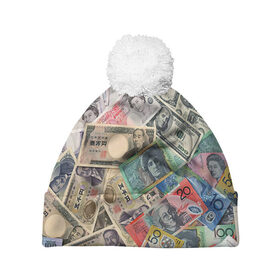 Шапка 3D c помпоном с принтом Деньги в Екатеринбурге, 100% полиэстер | универсальный размер, печать по всей поверхности изделия | Тематика изображения на принте: арт | банкноты | валюта | деньги | доллары | зеленый | иена | красный | серый | синий | фунт стерлингов | юани