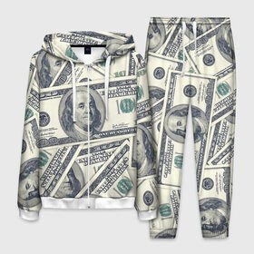 Мужской костюм 3D с принтом Доллары в Екатеринбурге, 100% полиэстер | Манжеты и пояс оформлены тканевой резинкой, двухслойный капюшон со шнурком для регулировки, карманы спереди | Тематика изображения на принте: 100 долларов | арт | банкноты | валюта | деньги | доллары | зеленый | зелень | сто | сто долларов