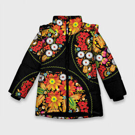 Зимняя куртка для девочек 3D с принтом Khokhloma 10-0 в Екатеринбурге, ткань верха — 100% полиэстер; подклад — 100% полиэстер, утеплитель — 100% полиэстер. | длина ниже бедра, удлиненная спинка, воротник стойка и отстегивающийся капюшон. Есть боковые карманы с листочкой на кнопках, утяжки по низу изделия и внутренний карман на молнии. 

Предусмотрены светоотражающий принт на спинке, радужный светоотражающий элемент на пуллере молнии и на резинке для утяжки. | орнамент | роспись | русский стиль | текстуры | узор