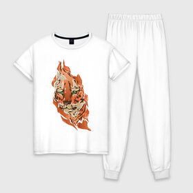 Женская пижама хлопок с принтом Тигр в Екатеринбурге, 100% хлопок | брюки и футболка прямого кроя, без карманов, на брюках мягкая резинка на поясе и по низу штанин | fire | orange | red | tiger | огонь | рыжий