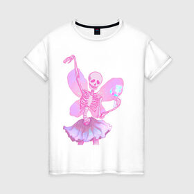Женская футболка хлопок с принтом жизнерадостный скелет в Екатеринбурге, 100% хлопок | прямой крой, круглый вырез горловины, длина до линии бедер, слегка спущенное плечо | веселый | крылья | магия | пастель | позитив | розовый | скелет | скелетон | фея