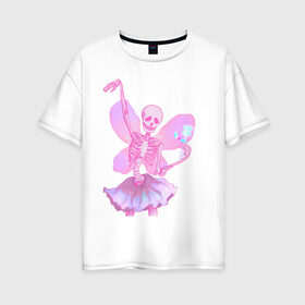 Женская футболка хлопок Oversize с принтом жизнерадостный скелет в Екатеринбурге, 100% хлопок | свободный крой, круглый ворот, спущенный рукав, длина до линии бедер
 | веселый | крылья | магия | пастель | позитив | розовый | скелет | скелетон | фея