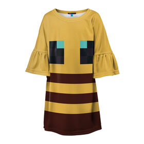 Детское платье 3D с принтом Minecraft Bee в Екатеринбурге, 100% полиэстер | прямой силуэт, чуть расширенный к низу. Круглая горловина, на рукавах — воланы | Тематика изображения на принте: bee | minecraft | майнкрафт | пчела | пчёлка | пчелобав