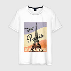 Мужская футболка хлопок с принтом Paris/Париж в Екатеринбурге, 100% хлопок | прямой крой, круглый вырез горловины, длина до линии бедер, слегка спущенное плечо. | airplane | city | elf tower | flag | france | illustration | landmark | paris | tower | башня | город | достопримечательность | иллюстрация | париж | самолёт | флаг | флаг франции | франция | эльфивая башня