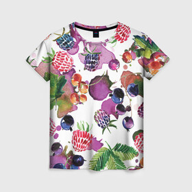 Женская футболка 3D с принтом Ягоды в Екатеринбурге, 100% полиэфир ( синтетическое хлопкоподобное полотно) | прямой крой, круглый вырез горловины, длина до линии бедер | арт | зеленый | краска | краски | красный | листок | листья | малина | пятна | пятна краски | растение | рисунок | синий | тёмный | фиолетовый | чёрная малина | черника