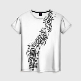Женская футболка 3D с принтом музыка в Екатеринбурге, 100% полиэфир ( синтетическое хлопкоподобное полотно) | прямой крой, круглый вырез горловины, длина до линии бедер | андер | бит | диск | мелодия | микро | микрофон | музыка | рэп | тату | футболка | хип хоп