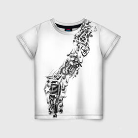 Детская футболка 3D с принтом музыка в Екатеринбурге, 100% гипоаллергенный полиэфир | прямой крой, круглый вырез горловины, длина до линии бедер, чуть спущенное плечо, ткань немного тянется | андер | бит | диск | мелодия | микро | микрофон | музыка | рэп | тату | футболка | хип хоп
