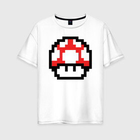Женская футболка хлопок Oversize с принтом Гриб Марио в Екатеринбурге, 100% хлопок | свободный крой, круглый ворот, спущенный рукав, длина до линии бедер
 | 8 bit | 8 бит | 8bit | 8бит | art | dendy | mario | mushroom | pixel | super | арт | гриб | денди | марио | пиксель | супер