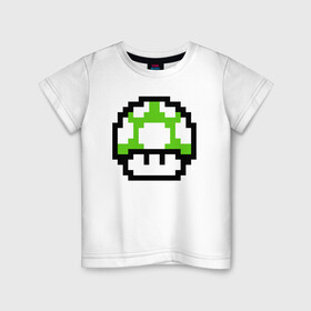 Детская футболка хлопок с принтом Гриб Марио в Екатеринбурге, 100% хлопок | круглый вырез горловины, полуприлегающий силуэт, длина до линии бедер | 8 bit | 8 бит | 8bit | 8бит | art | dendy | mario | mushroom | pixel | super | арт | гриб | денди | марио | пиксель | супер