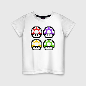 Детская футболка хлопок с принтом Грибы Марио в Екатеринбурге, 100% хлопок | круглый вырез горловины, полуприлегающий силуэт, длина до линии бедер | 8 bit | 8 бит | 8bit | 8бит | art | dendy | mario | mushroom | pixel | super | арт | гриб | денди | марио | пиксель | супер