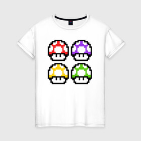 Женская футболка хлопок с принтом Грибы Марио в Екатеринбурге, 100% хлопок | прямой крой, круглый вырез горловины, длина до линии бедер, слегка спущенное плечо | 8 bit | 8 бит | 8bit | 8бит | art | dendy | mario | mushroom | pixel | super | арт | гриб | денди | марио | пиксель | супер