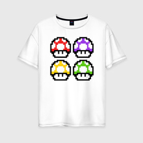 Женская футболка хлопок Oversize с принтом Грибы Марио в Екатеринбурге, 100% хлопок | свободный крой, круглый ворот, спущенный рукав, длина до линии бедер
 | 8 bit | 8 бит | 8bit | 8бит | art | dendy | mario | mushroom | pixel | super | арт | гриб | денди | марио | пиксель | супер