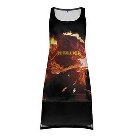 Платье-майка 3D с принтом Metallica в Екатеринбурге, 100% полиэстер | полуприлегающий силуэт, широкие бретели, круглый вырез горловины, удлиненный подол сзади. | fire | flame | guitar | metallica | music | rock | skeleton | skull | trashmetal | гитара | металлика | музыка | огонь | пламя | рок | скелет | череп