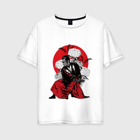 Женская футболка хлопок Oversize с принтом Самурай в Екатеринбурге, 100% хлопок | свободный крой, круглый ворот, спущенный рукав, длина до линии бедер
 | азия | аниме | катана | кимоно | китай | манга | меч | мечник | самурай | цветы | япония