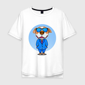 Мужская футболка хлопок Oversize с принтом Мистер Пёс в Екатеринбурге, 100% хлопок | свободный крой, круглый ворот, “спинка” длиннее передней части | Тематика изображения на принте: dog | зубы | лапы | мем | мистер пес | очки | пес | прикол | смешные животные | собака | собака в очках | собачка | щенок | юмор | язык