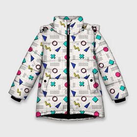 Зимняя куртка для девочек 3D с принтом Цветные фигуры в Екатеринбурге, ткань верха — 100% полиэстер; подклад — 100% полиэстер, утеплитель — 100% полиэстер. | длина ниже бедра, удлиненная спинка, воротник стойка и отстегивающийся капюшон. Есть боковые карманы с листочкой на кнопках, утяжки по низу изделия и внутренний карман на молнии. 

Предусмотрены светоотражающий принт на спинке, радужный светоотражающий элемент на пуллере молнии и на резинке для утяжки. | зигзаг | квадрат | крестик | круг | ромб | точка | треугольник