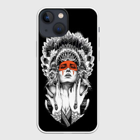 Чехол для iPhone 13 mini с принтом Женщина индеец в Екатеринбурге,  |  | Тематика изображения на принте: девушка индеец | индеец | перья на голове | перья. | татуировки