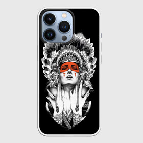 Чехол для iPhone 13 Pro с принтом Женщина индеец в Екатеринбурге,  |  | Тематика изображения на принте: девушка индеец | индеец | перья на голове | перья. | татуировки